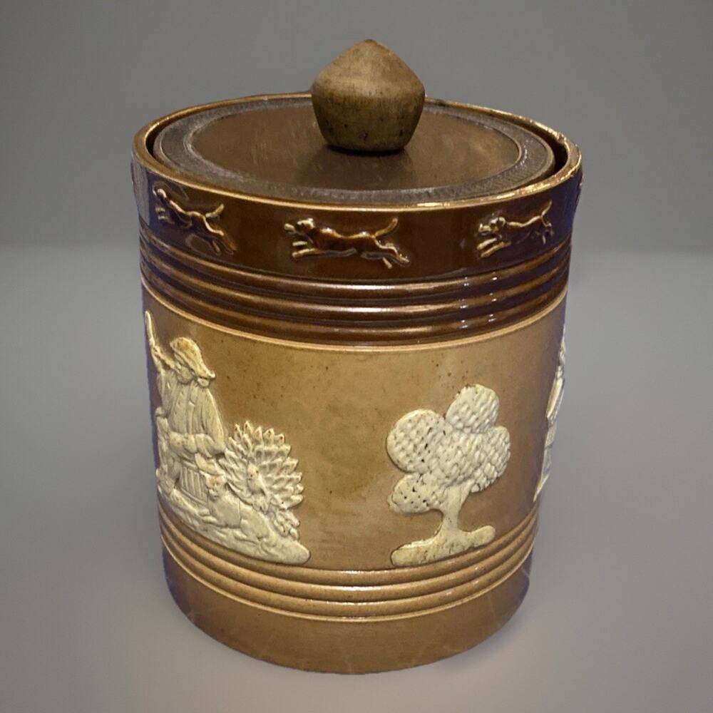 Antique Doulton Lambeth Pottery Stoneware Tobacco Jar Canister Barrel 4.75"Tx4"d